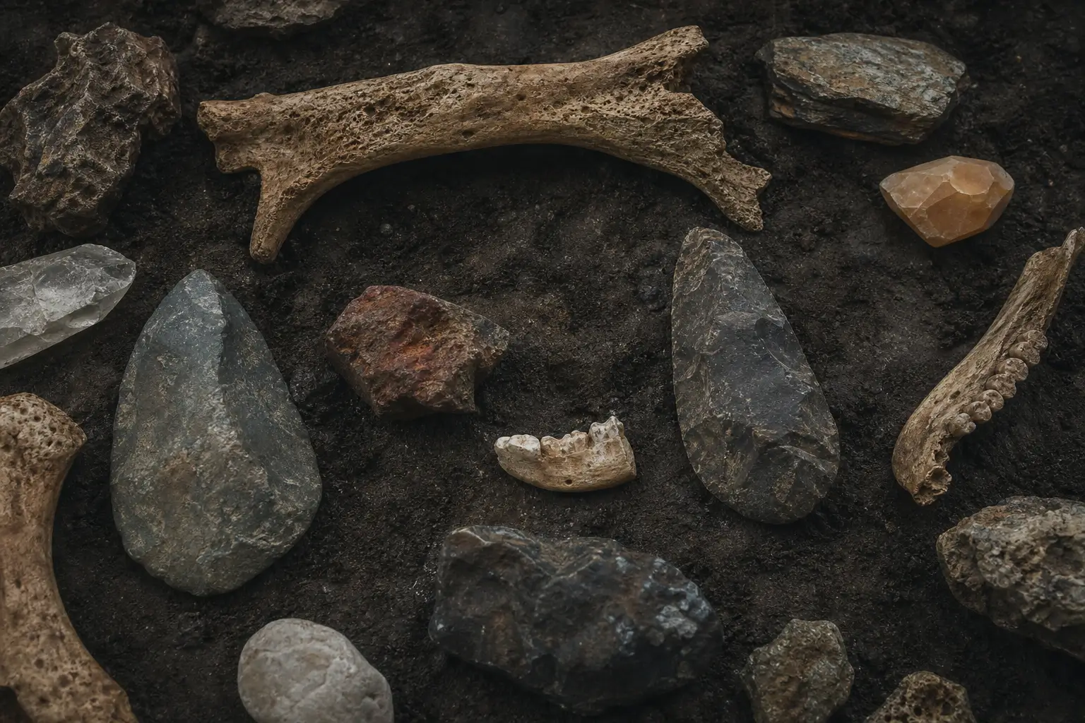 Fragments d'os fossiles, outils en pierre anciens et minéraux sur terre sombre éclairage doux