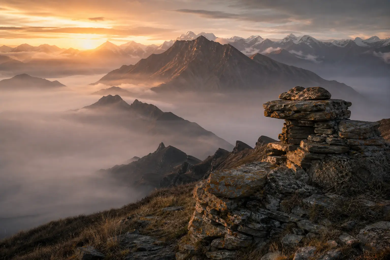 Paysage atmosphérique des montagnes du Caucase avec pics embrumés et lumière dorée naturelle