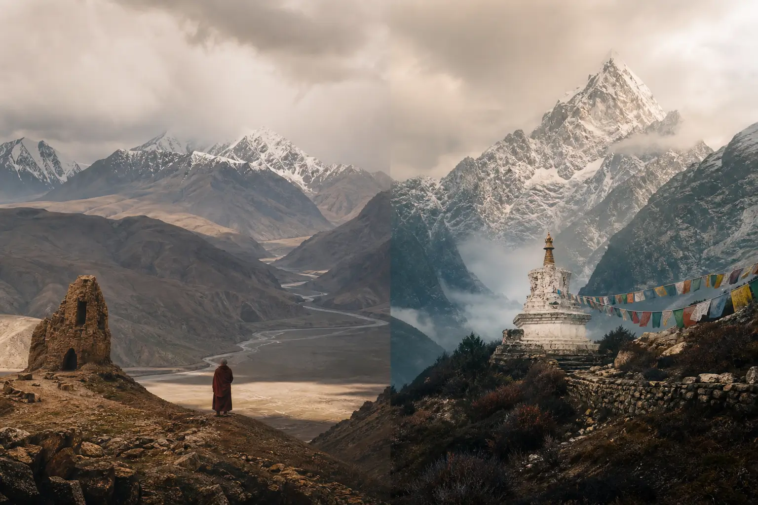 Paysage divisé mêlant nature sauvage d'Asie centrale et montagnes de l'Himalaya avec brume douce