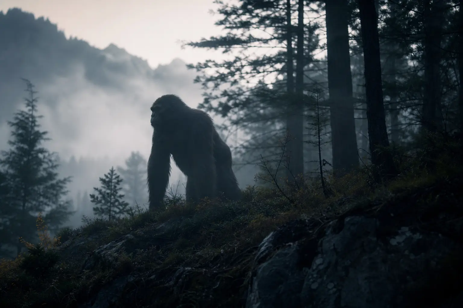 Silhouette mystérieuse de primate dans forêt de pins brumeuse au crépuscule avec lumière diffuse