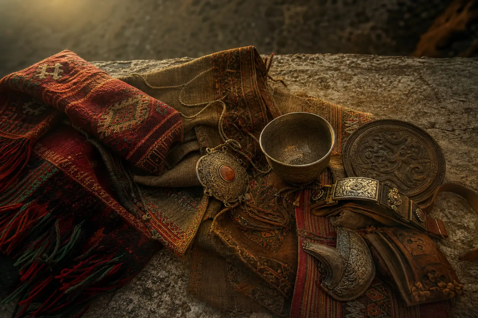 Photographie documentaire de textiles anciens mongols et turkmens sur pierre avec lumière dorée